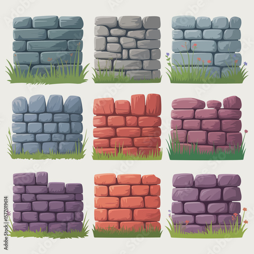 Collection of nine illustrated stone walls in various colors and styles