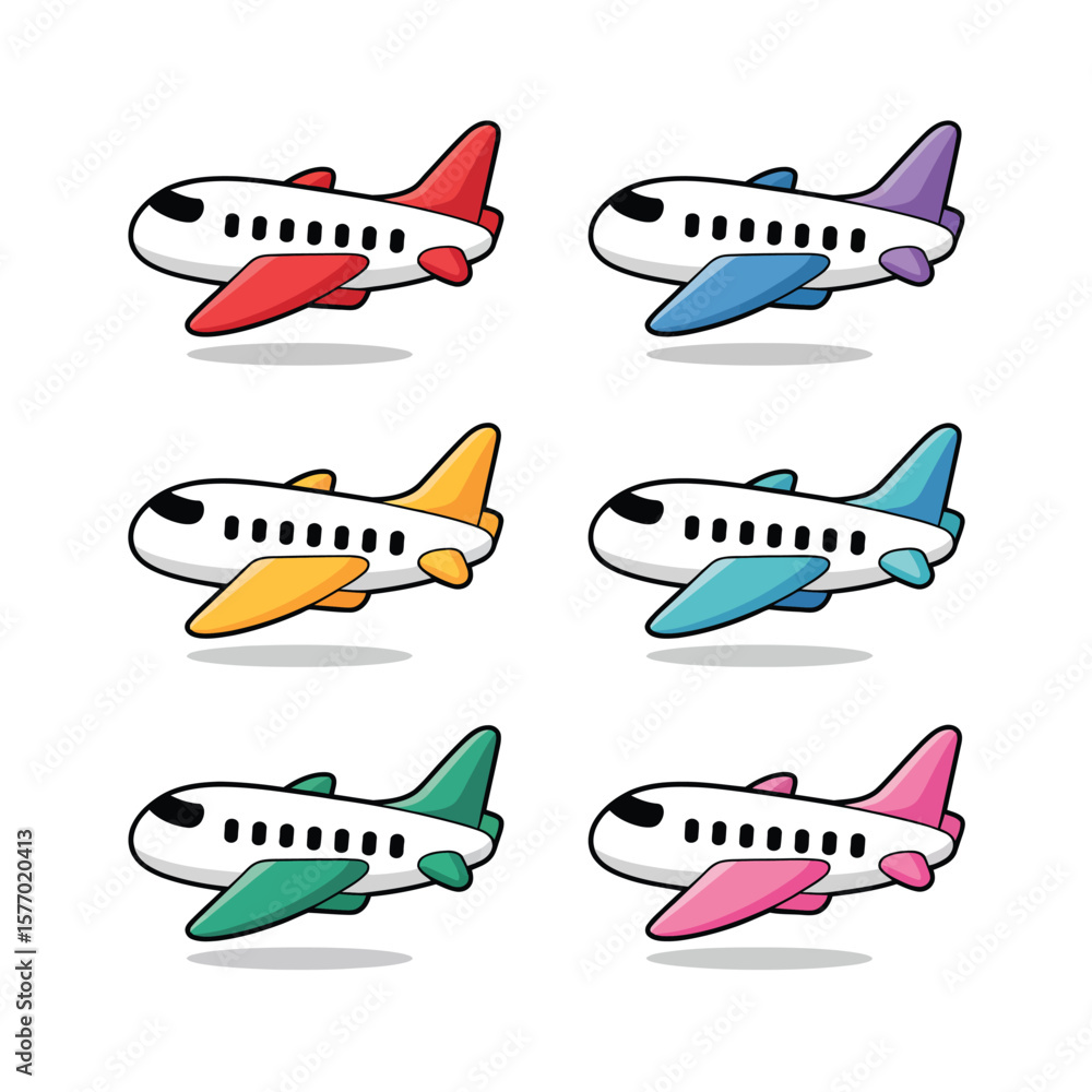 Fototapeta premium Collection of six cute cartoon airplanes in different bright colors
