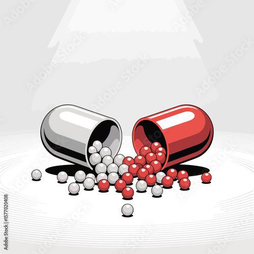 Open capsule spilling red and white pellets onto white surface
