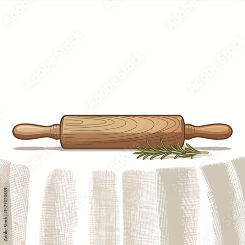 Wooden rolling pin with fresh rosemary sprig on a textured surface