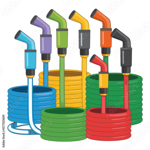 Collection of colorful garden hoses with spray nozzles arranged in a group