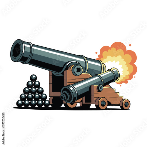 Two vintage cannons firing with a stack of cannonballs and smoke
