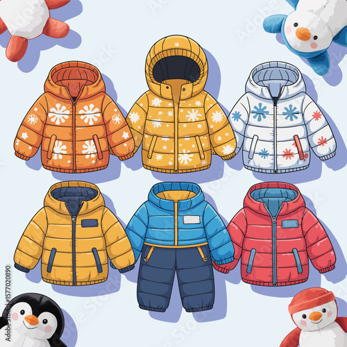 Collection of colorful winter puffer jackets and snowsuits for children