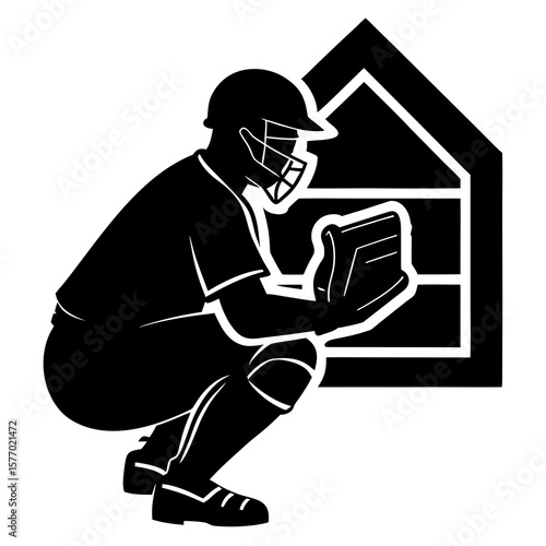 Baseball catcher crouched behind home plate sports