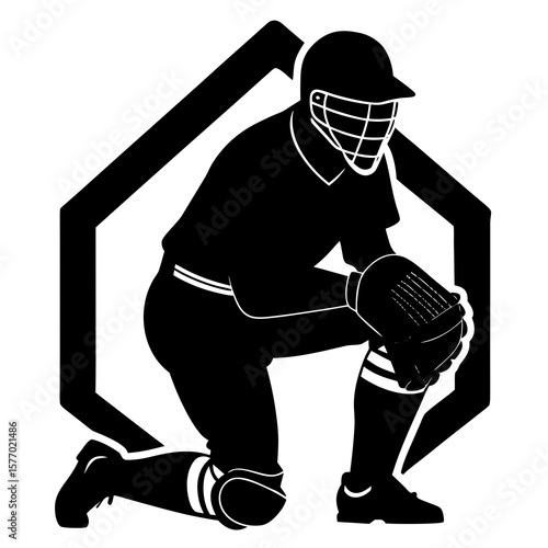 Baseball catcher crouched black silhouette sports equipment