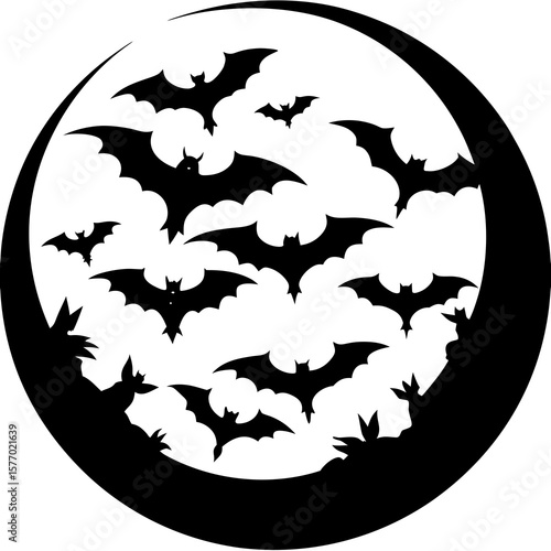 Black bats flying against a crescent moon silhouette