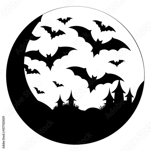 Black bats flying over spooky houses silhouette night