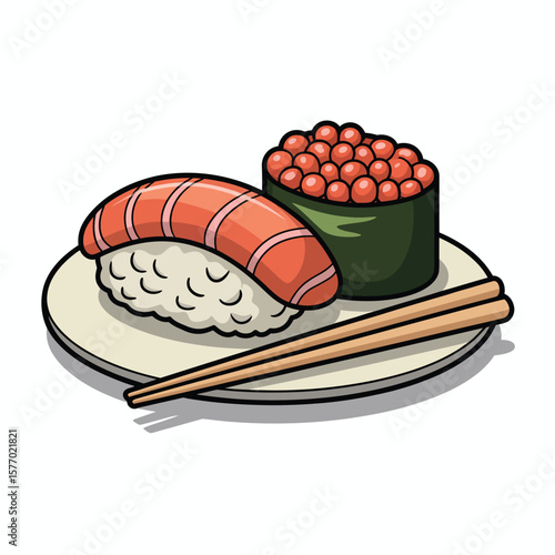 Delicious salmon nigiri and ikura gunkan maki sushi with chopsticks on plate