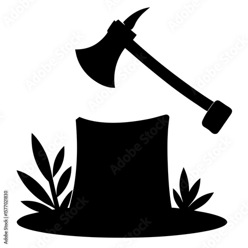 Black silhouette axe stuck in tree stump medieval chopping