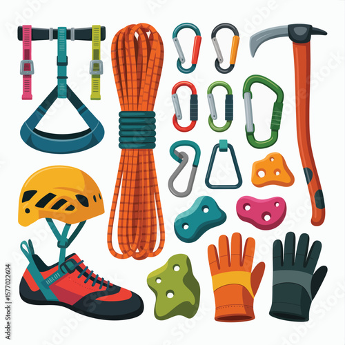 Collection of colorful climbing gear including rope helmet shoes carabiners and ice axe