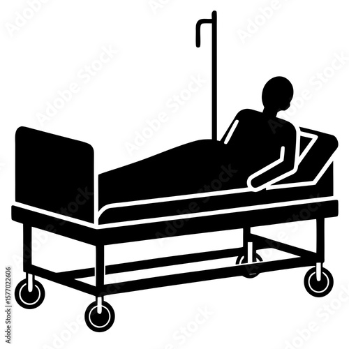 Patient lying on hospital bed with I V pole lying down