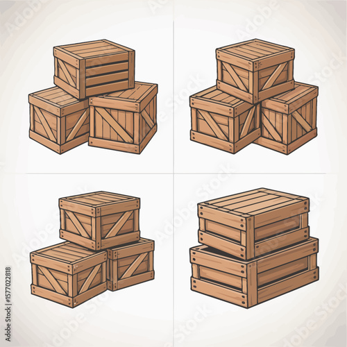 Collection of stacked wooden crates with reinforced corners and slatted sides