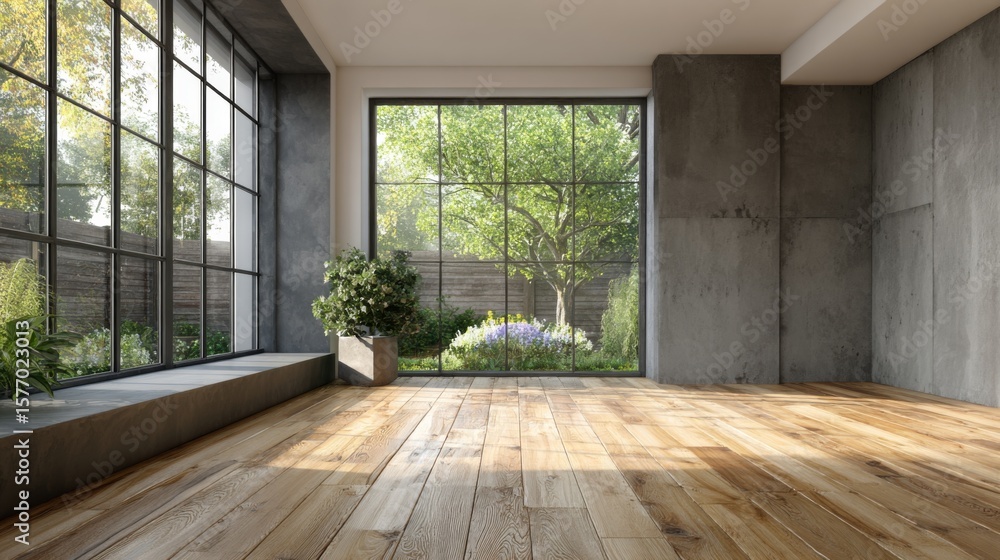 Fototapeta premium Modern empty room with hardwood floor large windows and garden view Concrete walls and potted plant