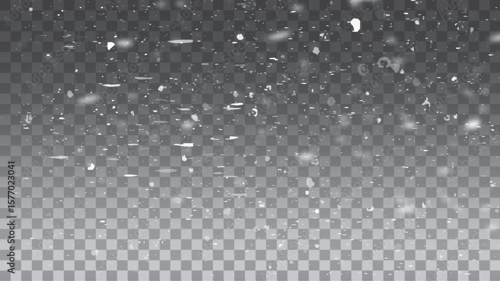 Fototapeta premium Blurry snowstorm with gentle snowflakes. Wintery flake shower, creating a festive snow covered landscape. Transparent design ideal for holiday banners and New Year themes.