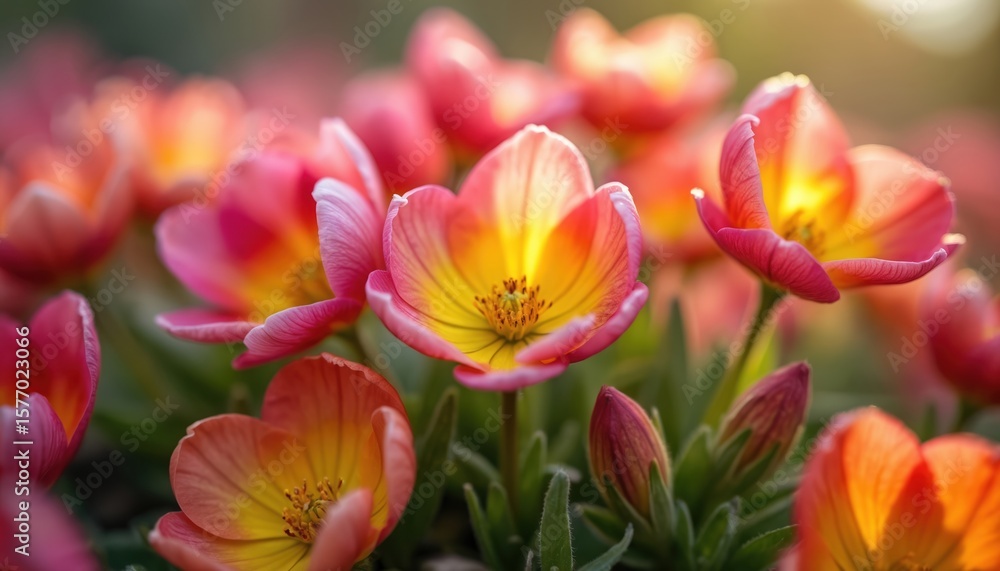 Obraz premium Close-up of vibrant orange flowers in a garden scene. Yellow center surrounded by green leaves, creating a fresh and inviting look. Circular pattern of blooms against light beige backdrop.