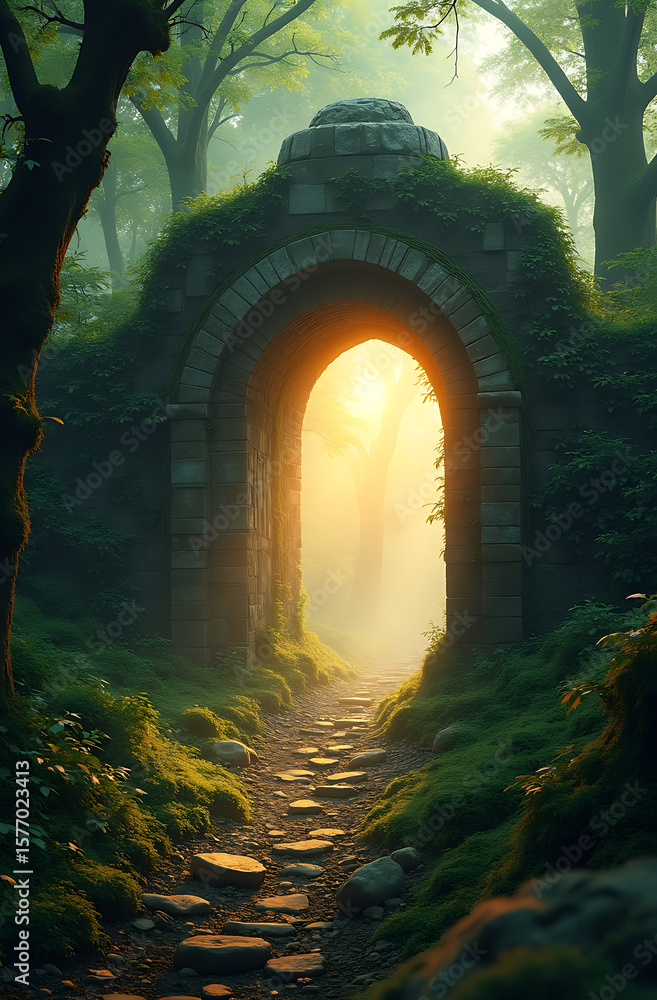 Fototapeta premium Ancient stone archway leads into a mystical forest path bathed in sunlight.