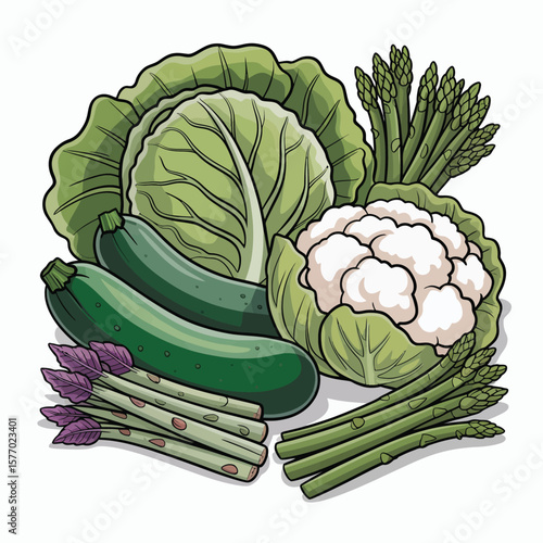 Assortment of fresh green vegetables including cabbage cauliflower zucchini and asparagus