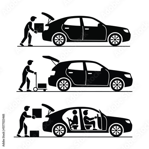 Person loading cargo into car trunk and driving with passengers inside
