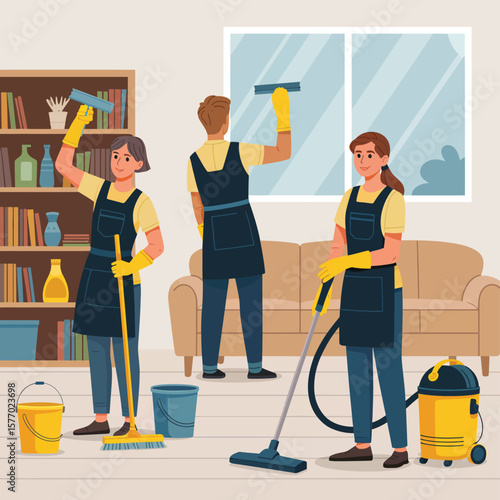Professional cleaning team working together to clean a living room