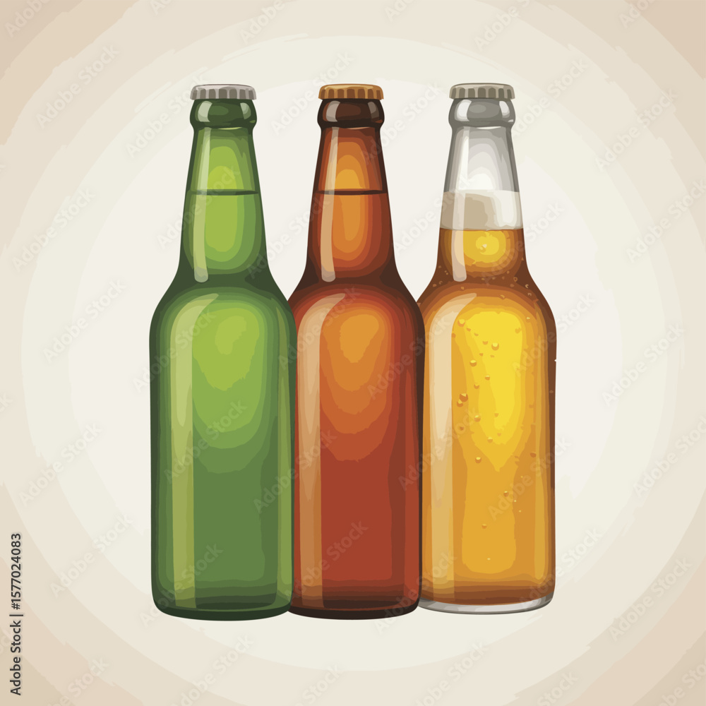 Three different colored glass bottles of beer with labels Three different colored glass bottles of beer with labels