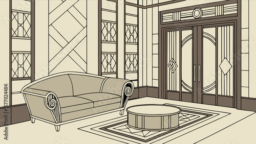 Art deco interior design living room with sofa table and door illustration vector graphic design element 1920s