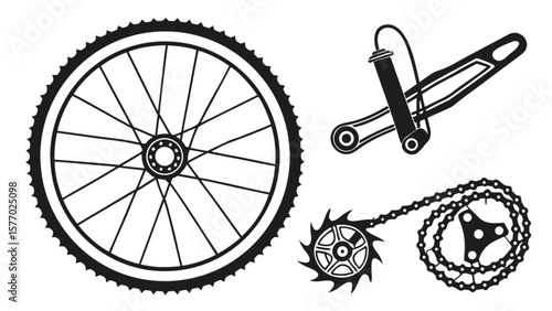Bike parts vector illustration of wheel chain crankset and brake system for bicycle repair and maintenance
