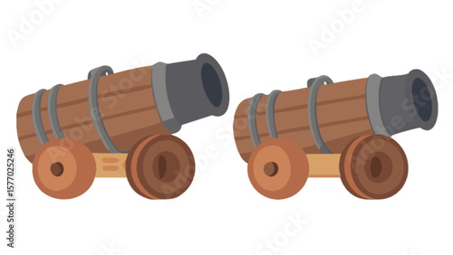 Vintage cannon artillery weapon illustration for pirate ship or medieval siege with wooden wheels design