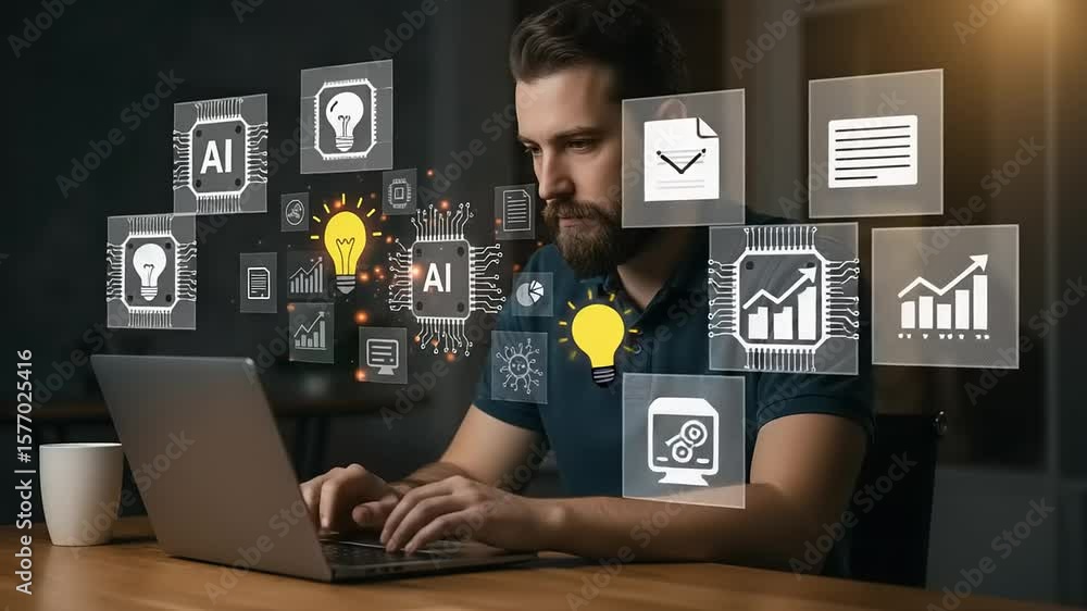 Man working on laptop with AI concepts overlaid.