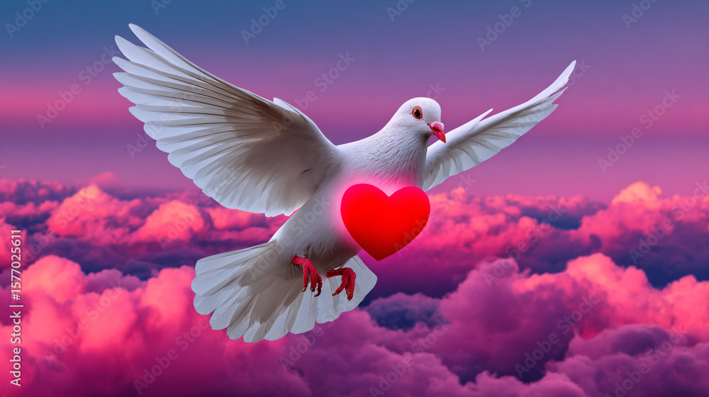 Obraz premium Dove Flying with Heart Symbol Against Pink Sky for Love and Peace Concept