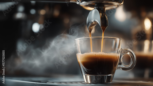 Coffee Machine Pouring Hot Espresso into a Glass Cup with Steam and Crema