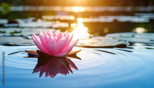 Pink lotus flower on water at sunset