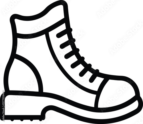 Black outline vector icon of hiking boot on white background.
