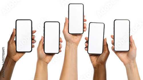 Diversity Hands Holding Phones with White Screens on Transparent Background