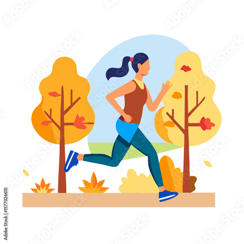 Woman running in a park during autumn season with colorful trees