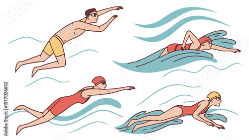 Illustration showing people swimming in water with different strokes and wearing swimming outfits