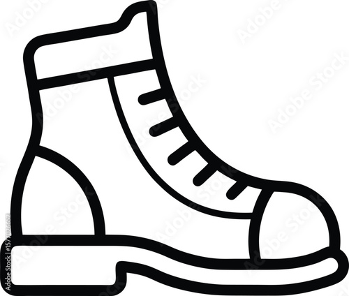 Black outline vector icon of hiking boot on white background.
