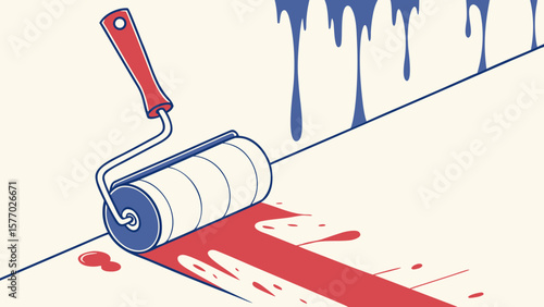 Illustration of a paint roller applying red paint on a surface with blue drips on the wall above