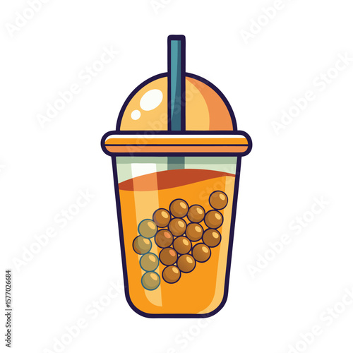 Cartoon bubble tea drink with tapioca pearls