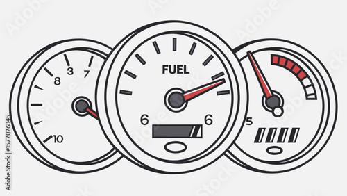 Illustration of three gauges showing fuel level, speed, and mileage with red needles and black outlines