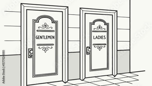 Illustration of two restroom doors labeled gentlemen and ladies with decorative design elements present