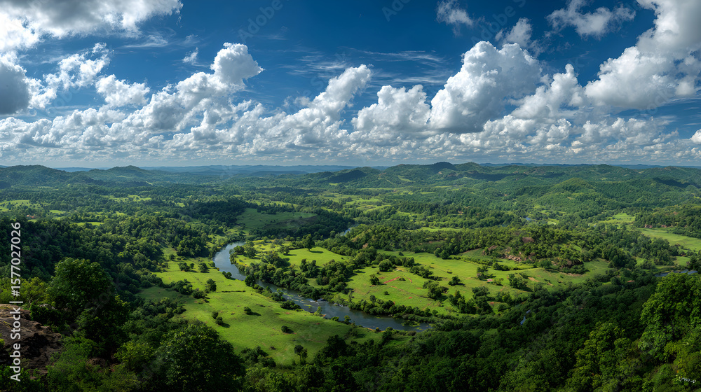 Fototapeta premium A Majestic Panoramic Vista with Rolling Hills and Serene River Under a Brilliant Azure Sky