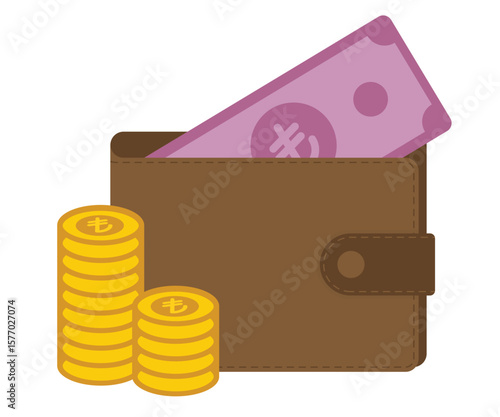Brown wallet filled with Turkish lira currency and stacked coins, flat vector illustration on solid background, ideal for financial design assets