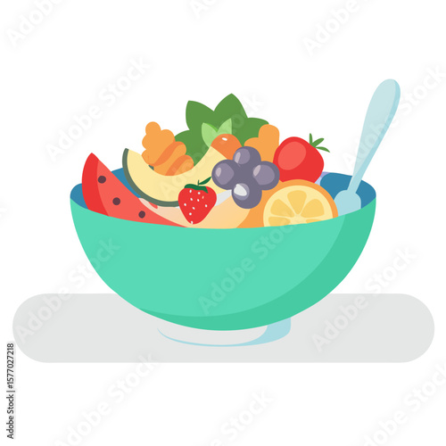 Healthy fruit salad in a teal bowl with a spoon