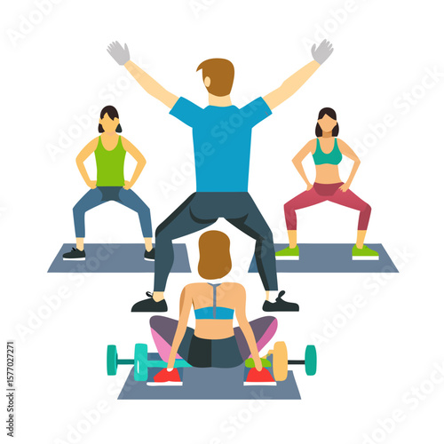 Fitness class with instructor leading exercises on yoga mats