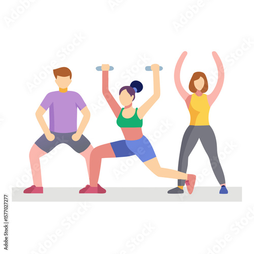 Three people exercising together doing lunges and arm raises