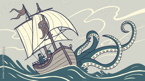 A kraken attacks a sailing ship with two sailors on board in a stormy sea with cloudy sky above