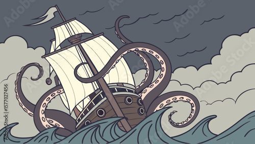 A ship being attacked by a giant octopus with large tentacles in a stormy sea with cloudy sky