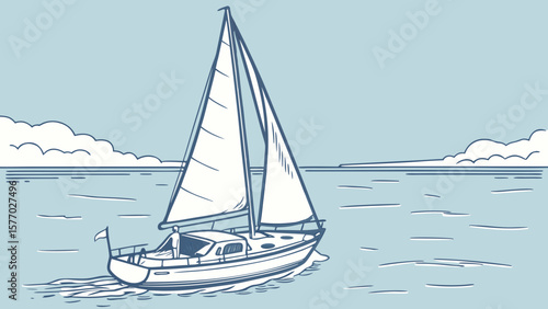 Illustration of a sailboat sailing on the water with a person on board under a cloudy sky view ocean