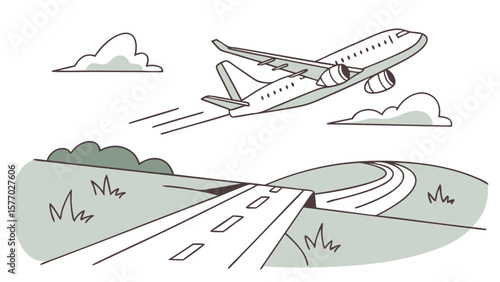 Illustration of an airplane taking off over a road with clouds and green hills in the background scene
