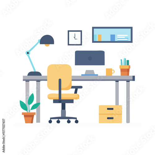 Modern home office desk setup with computer and chair